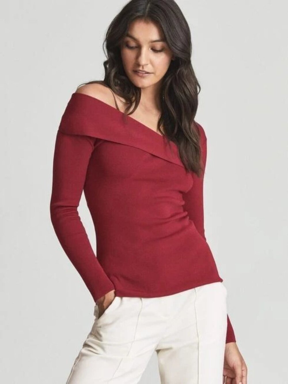 REISS Eliah Knitted Asymmetric Top Burgundy XS NWOT